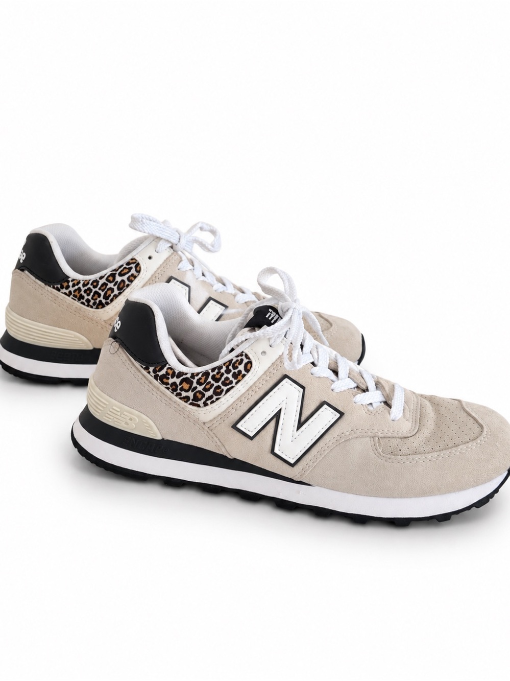 Size 10 Women New Balance Beige Suede Sneakers with Leopard Heel Accent